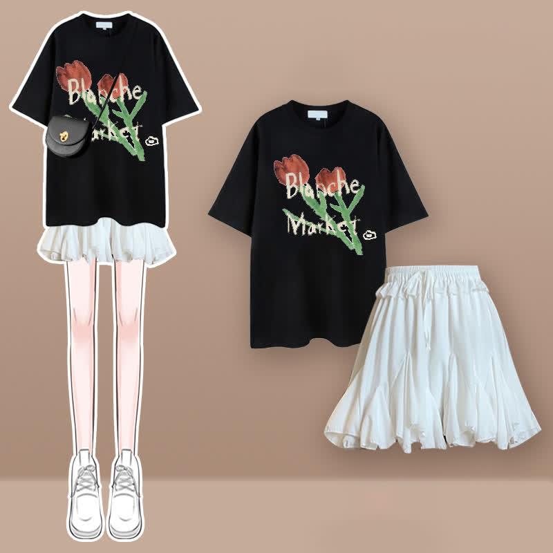 T-Shirt-Set mit Faltenrock und Tulpen-Kirschblüten-Print