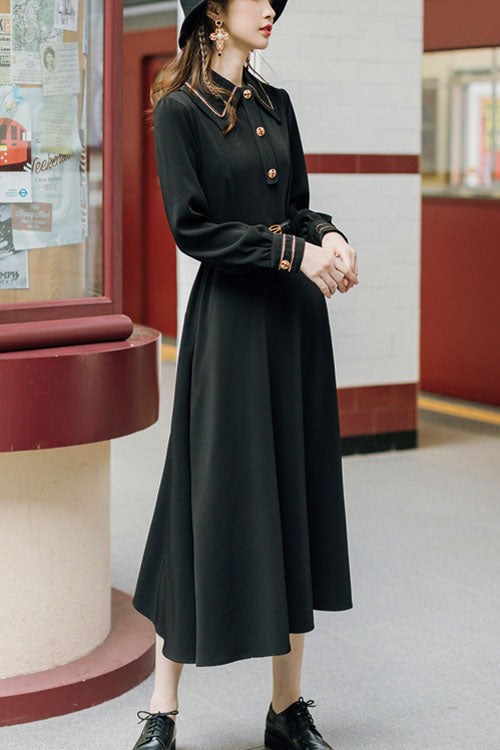 Navy Vintage Classic Lolita Dress with Lapel Collar and Long Sleeves