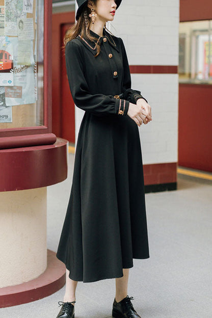 Navy Vintage Classic Lolita Dress with Lapel Collar and Long Sleeves