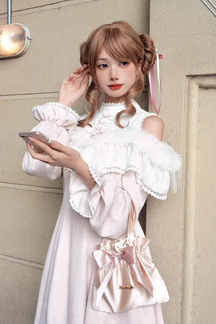 Pink Stand Collar Off-Shoulder Long Sleeve Lace Sweet Japanese Elegant Lolita Gown - Little Love Song