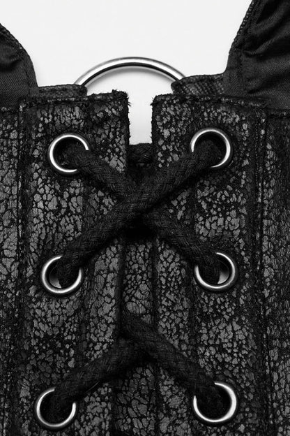 Gothic Corset with Hollow Metal Ring Lace in Black Faux Leather for Women
