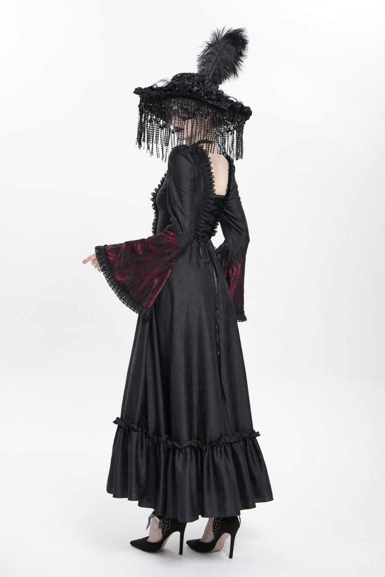 Long Sleeve Floral Embroidery Lace-Up Pleated Gothic Dress