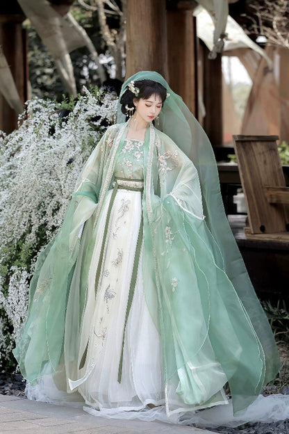 Emerald Qingdie Song Dynasty Ruffle Embroidery Chinese Hanfu Full Set