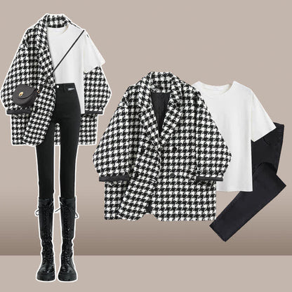 Lattice Blazer Print Lapel Slim Pants T-Shirt Denim Chic