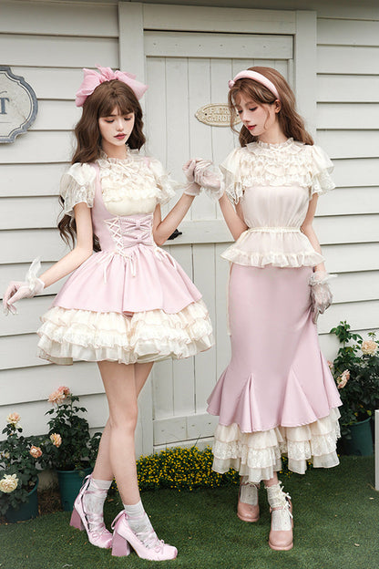 Pink Multi-Tier Ruffle Bow Lace-Up Sweet Lolita Corset Gown - Love Diary