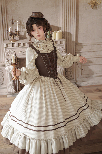 At Sunset Round-Collar Lantern-Sleeved Double-Layered Printed Ruffled Classic Lolita Dress in Beige and Brown, 2 Versions