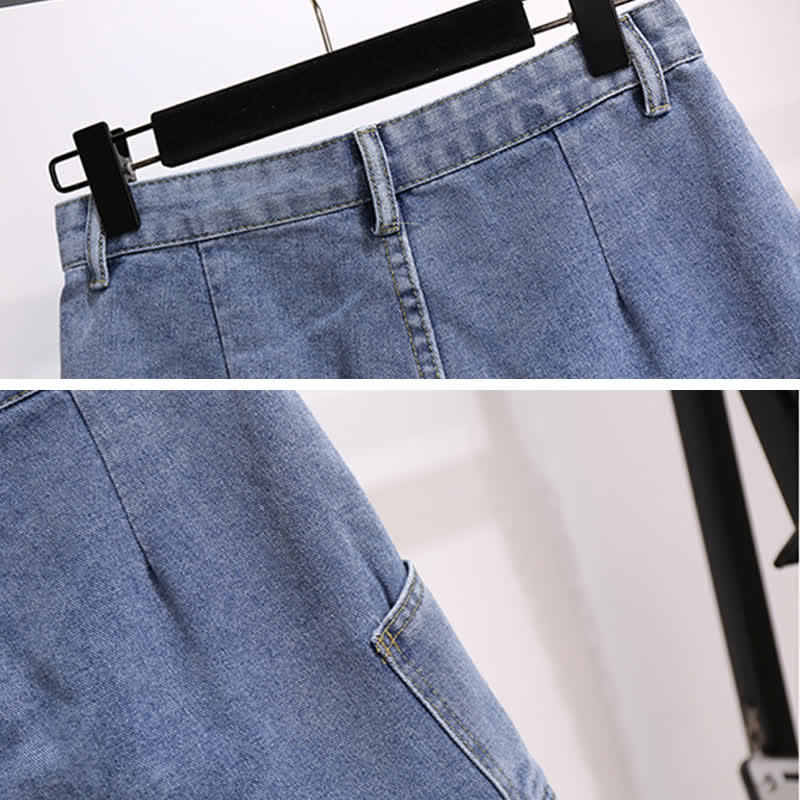 Pocketed T-Shirt Denim Fake Lapel Shorts Pieces Two