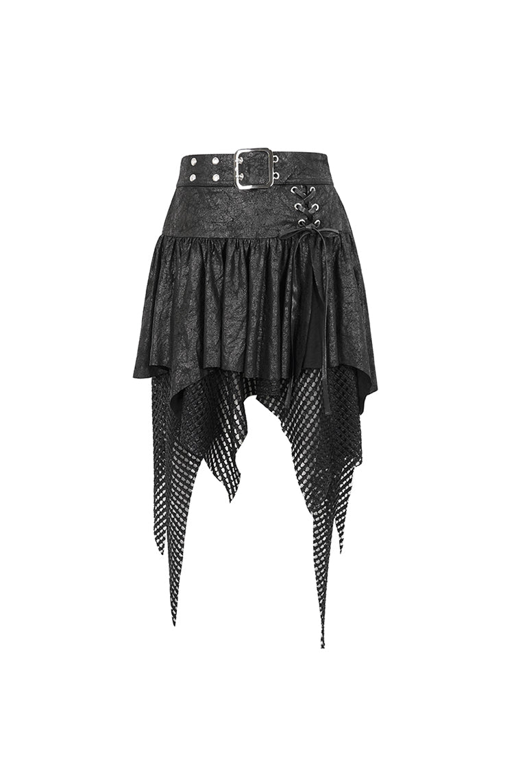 Gothic Skirt with Irregular Mesh Splice and Buckle