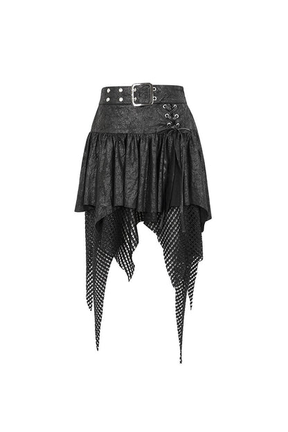 Gothic Skirt with Irregular Mesh Splice and Buckle