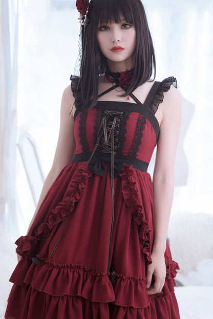 Red Gothic Lolita Double-Layered Ruffle Stitching Lace JSK Dress