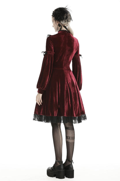 Vintage Long Sleeve Lace Collar Cross Gothic Velvet Dress for Women