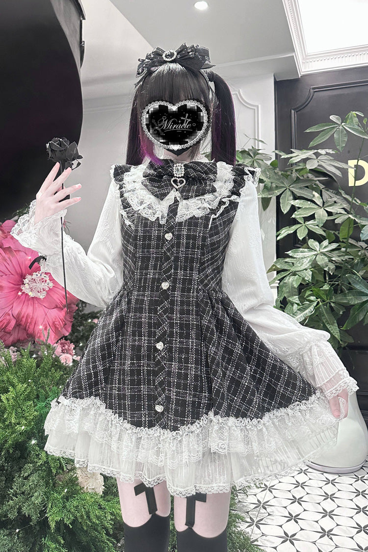 Lunar Eclipse Doll Plaid Printed Ruffled Bow Lace Sweet Jirai Kei Japanese Dress Shorts Set