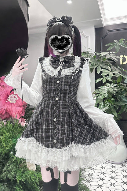 Lunar Eclipse Doll Plaid Printed Ruffled Bow Lace Sweet Jirai Kei Japanese Dress Shorts Set