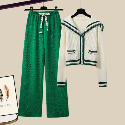 Collar Casual Set Sweater Two Cable Pants Pieces Sailor Pleated