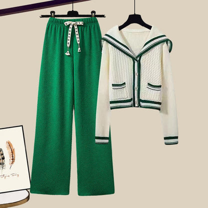 Collar Casual Set Sweater Two Cable Pants Pieces Sailor Pleated