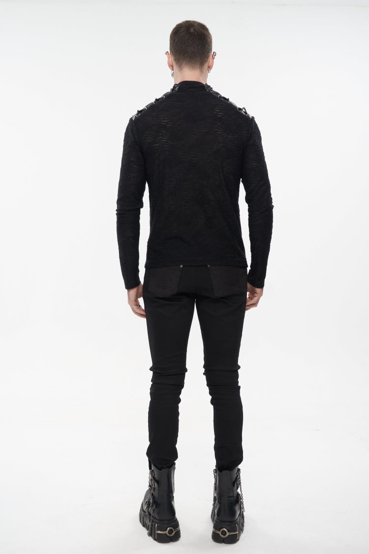 High Collar Lace-Up Pentagram Embellished Long Sleeve Tee