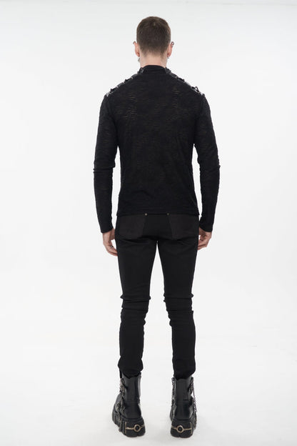 High Collar Lace-Up Pentagram Embellished Long Sleeve Tee