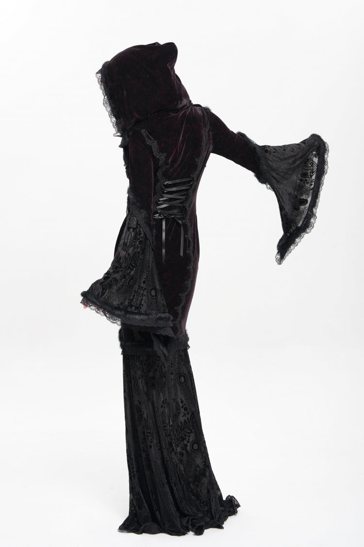 Trumpet Sleeve Embroidered Lace Hooded Mesh Gothic Dress