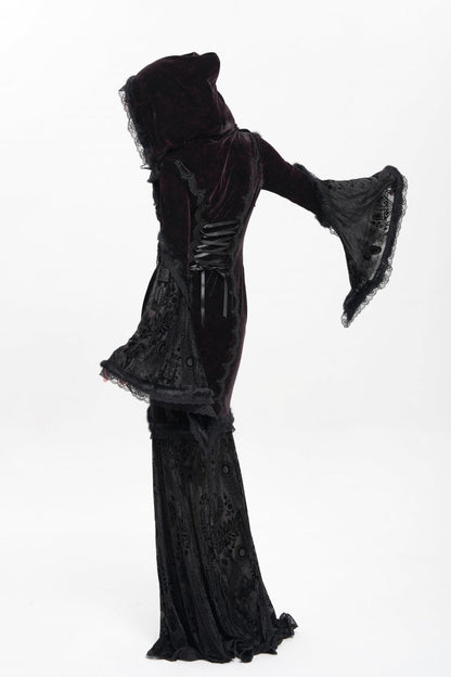 Trumpet Sleeve Embroidered Lace Hooded Mesh Gothic Dress