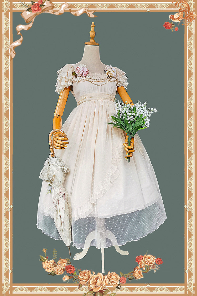 Apricot Polka Dot Asymmetric Ruffle Bow Lolita Dress - Moon goddess *Mediana*