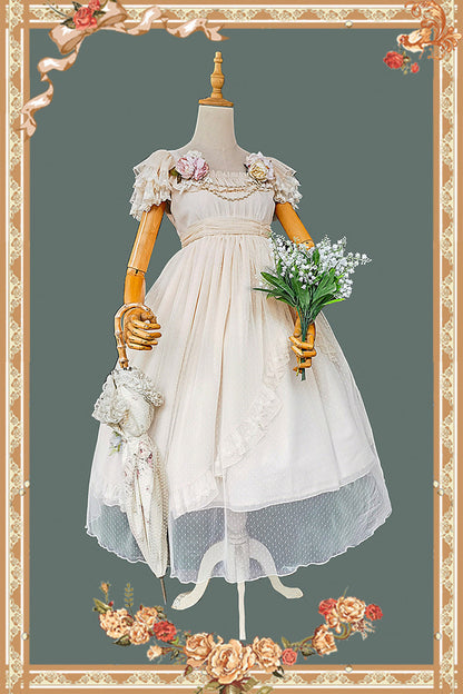 Apricot Polka Dot Asymmetric Ruffle Bow Lolita Dress - Moon goddess *Mediana*