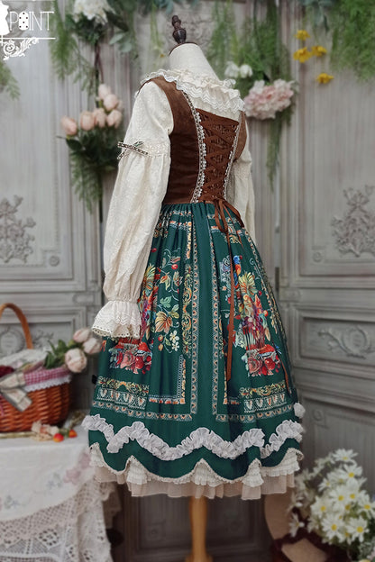 Emerald Ode to Plenty Berries Birds Print Ruffle Velvet Classic Lolita Breast Support JSK