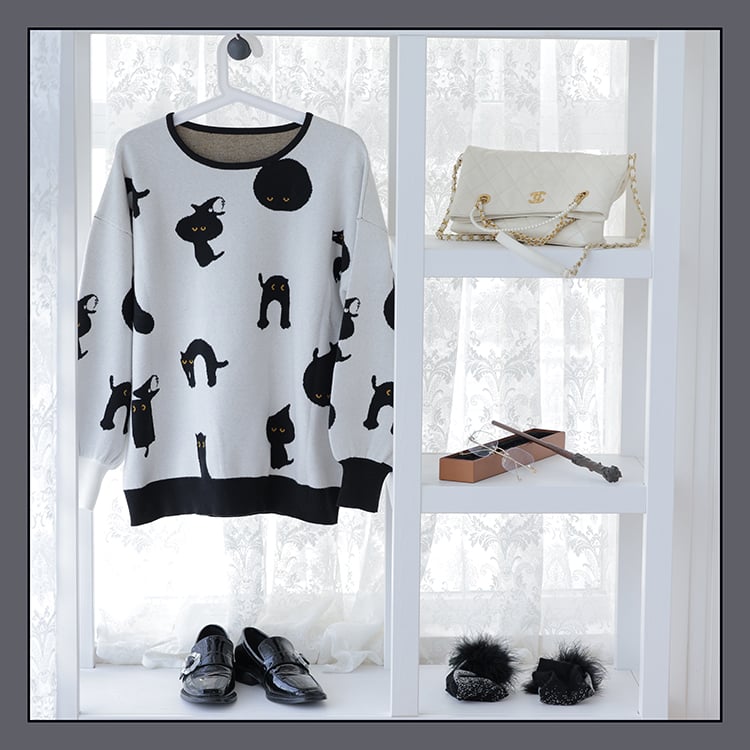 Halloween Black Cat Lolita Sweater with Tie