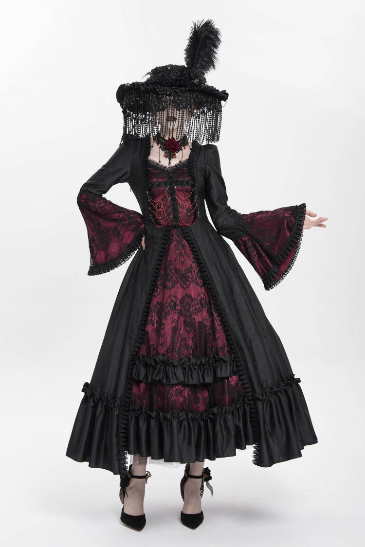Long Sleeve Floral Embroidery Lace-Up Pleated Gothic Dress