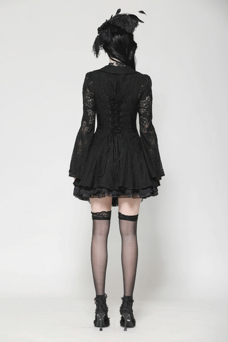 Ebony Embroidered Lace Trumpet Sleeve Corset Dress - Gothic Honeymoon Gown