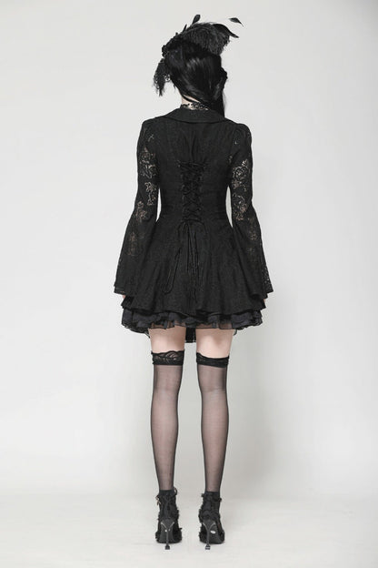 Ebony Embroidered Lace Trumpet Sleeve Corset Dress - Gothic Honeymoon Gown