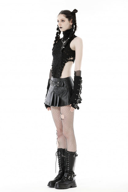 Pleated Punk Mini Skirt with Metal Belt Buckle in Black Faux Leather