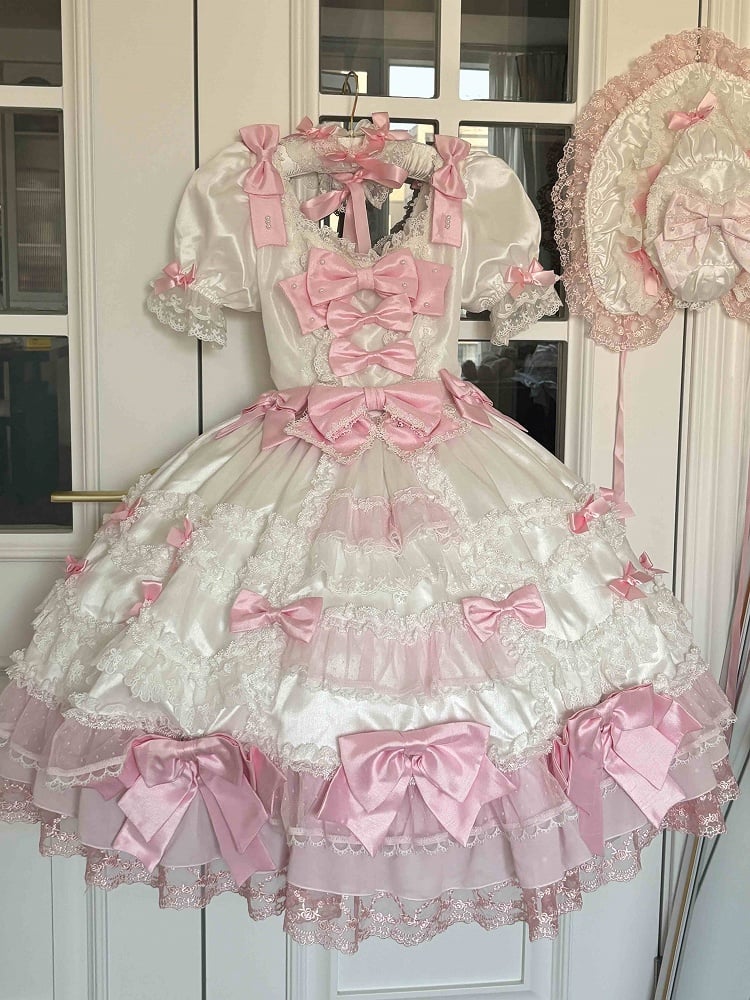 Pink Bow Accents White High Waist Sweet Princess Lolita Dress with Detachable Sleeves