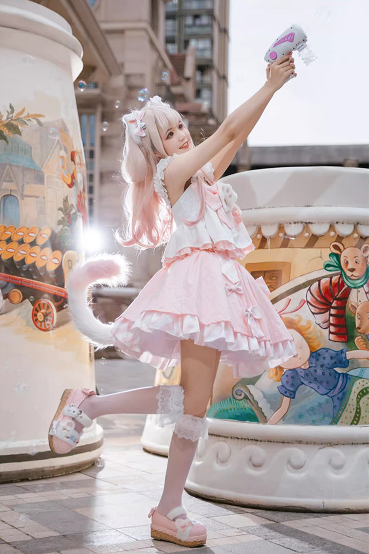 Rose Miss Meow Print Ruffle Bow Sweet Lolita Skirt Ensemble