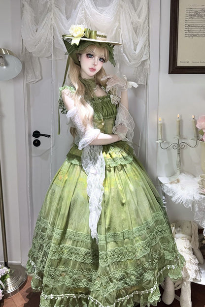 Emerald Mist-Shrouded Vineyard Sleeveless Ruffle Bowknot Lace-Up Sweet Lolita JSK Set
