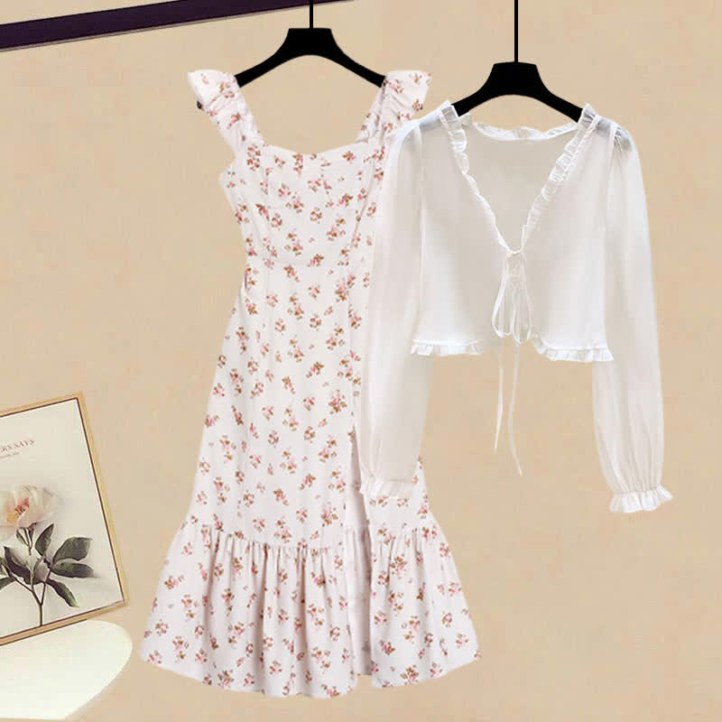 White Cardigan Floral Print Split Slip Dress Set