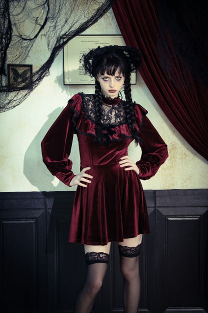 Crimson Knit Velvet Maxi Gown with Long Sleeves - Gothic Graduation Attire