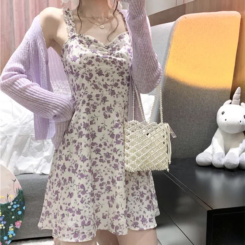 Ensemble robe nuisette à imprimé floral et cardigan doux