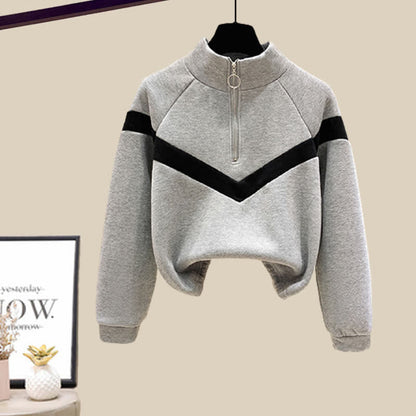 Sweatshirt Draw Zipper Pocketed String Pants Casual