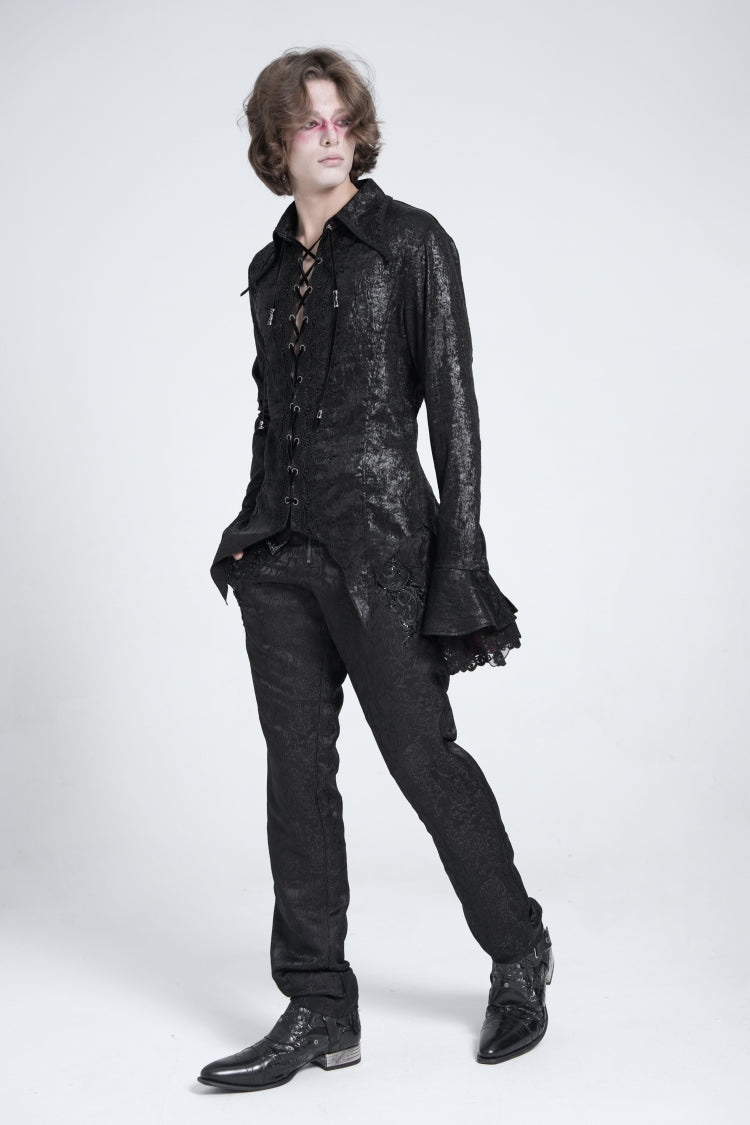 Men's Swallowtail Blouse with Lace-Up and Flared Sleeves
