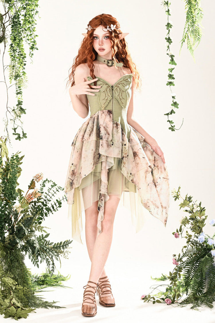Green Forest Wandering 3D Butterfly Embroidery Lace Irregular Sweet JSK Dress