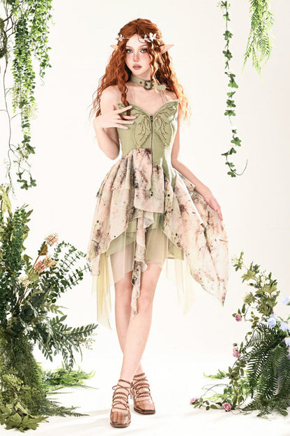 Green Forest Wandering 3D Butterfly Embroidery Lace Irregular Sweet JSK Dress