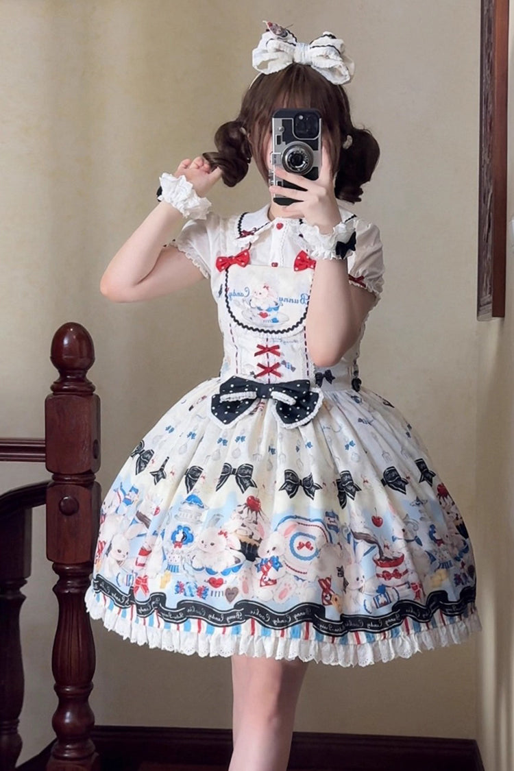 Mystery Rabbit Tea Party Sleeveless Print Ruffle Bowknot Lace Sweet Lolita JSK Dress in Beige