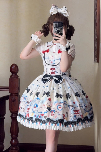 Mystery Rabbit Tea Party Sleeveless Print Ruffle Bowknot Lace Sweet Lolita JSK Dress in Beige
