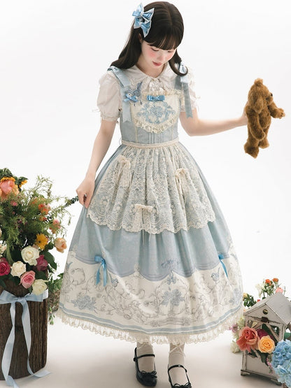 Blue Titmouse and Floral Print Lolita Jumper Skirt