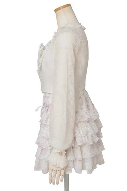 Multi-Layer Printed Ruffle Bow Sweet Dress Three Colors