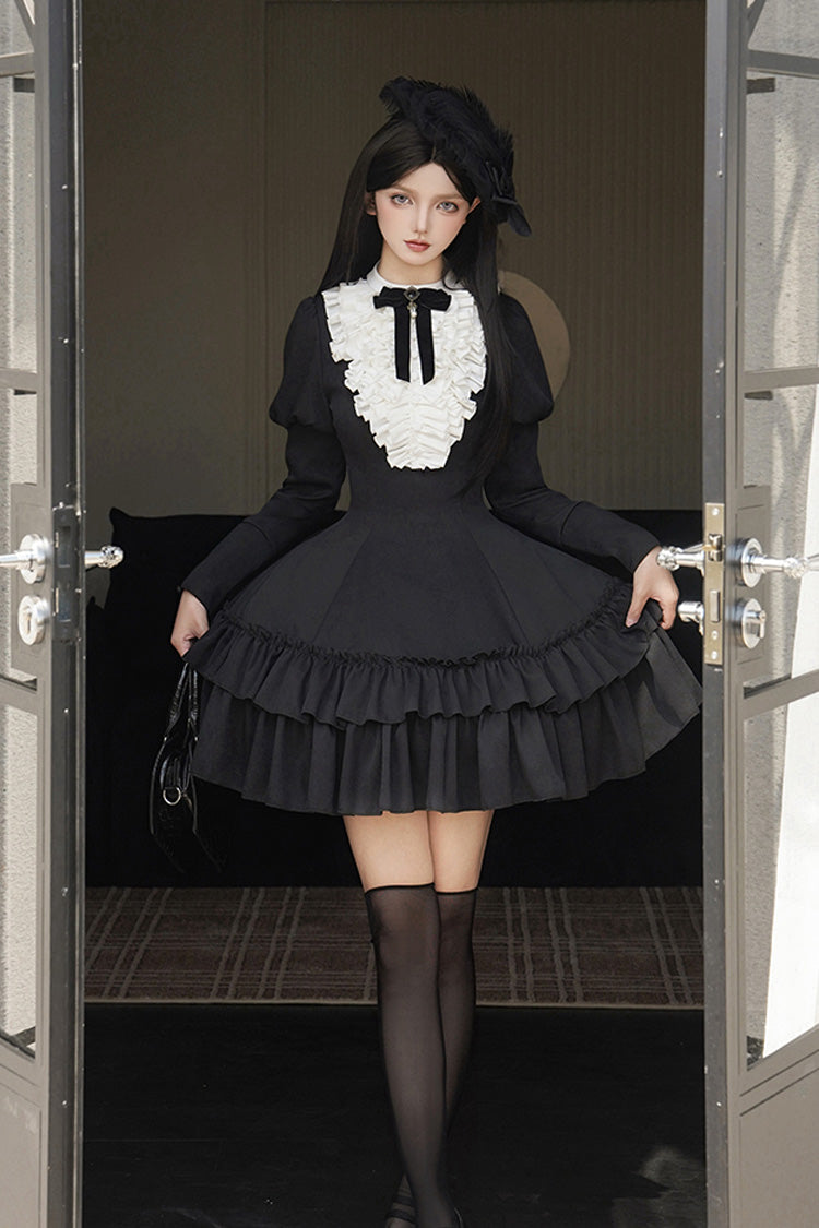 Stand Collar Double-Layered Ruffle Gothic Dress