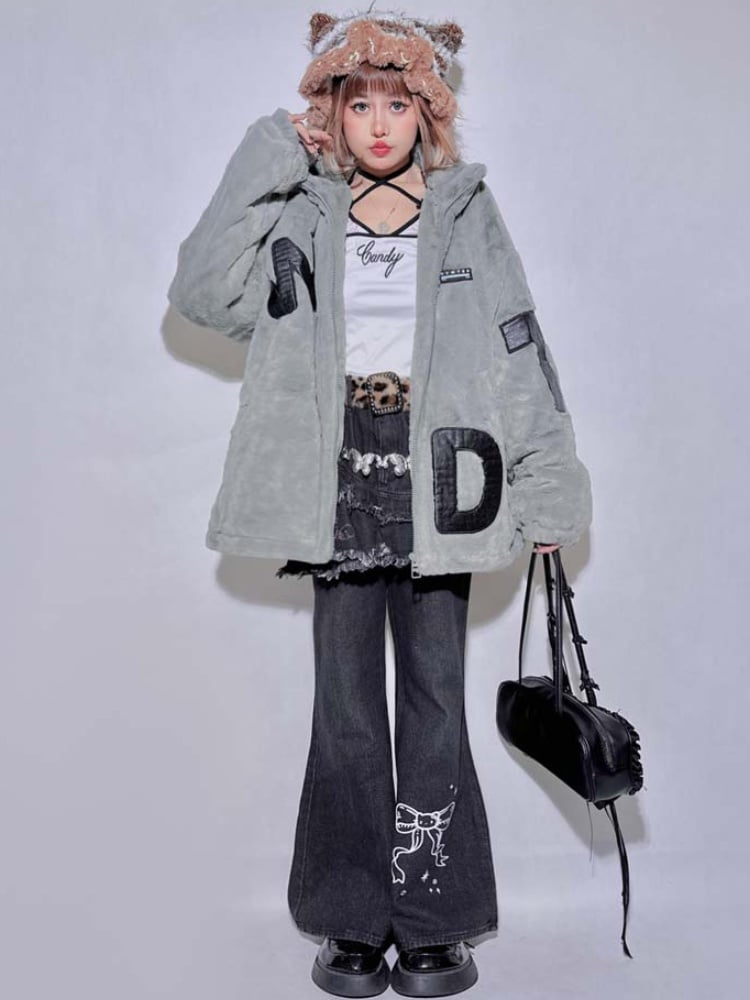 Gray Appliques Baggy Long Sleeves Plush Coat