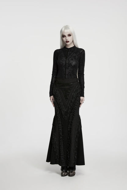 Gothic Top for Her with High Collar and Rose Jacquard Lace, Slim Fit