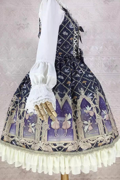 Dream Elf Print Ruffle Bowknot Jsk Dress - Sweet Lolita
