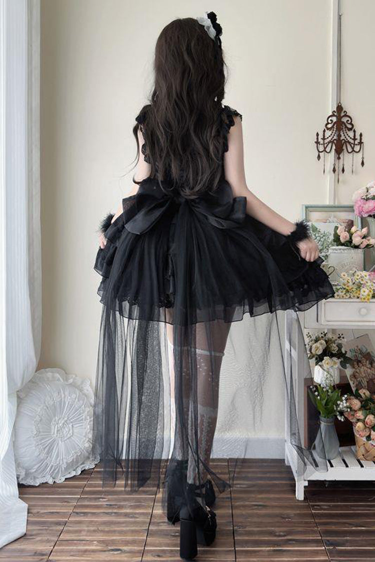 Black Broken Wings Rebirth Sleeveless Multi-Layered Ruffle Bow Lace-Up Gothic Ballet Lolita Jsk Dress